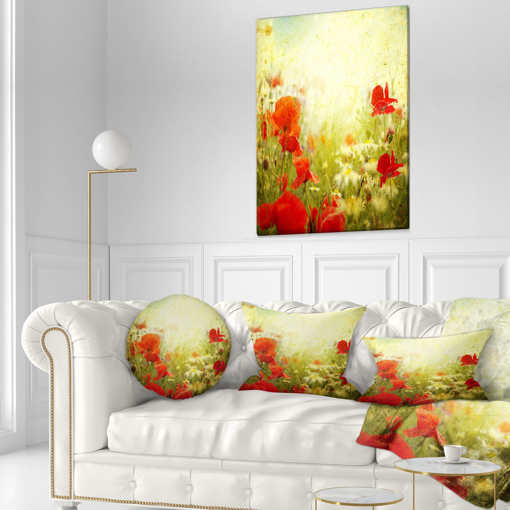 Designart Grunge Background with Red Poppies - Floral Throw Pillow - 12x20