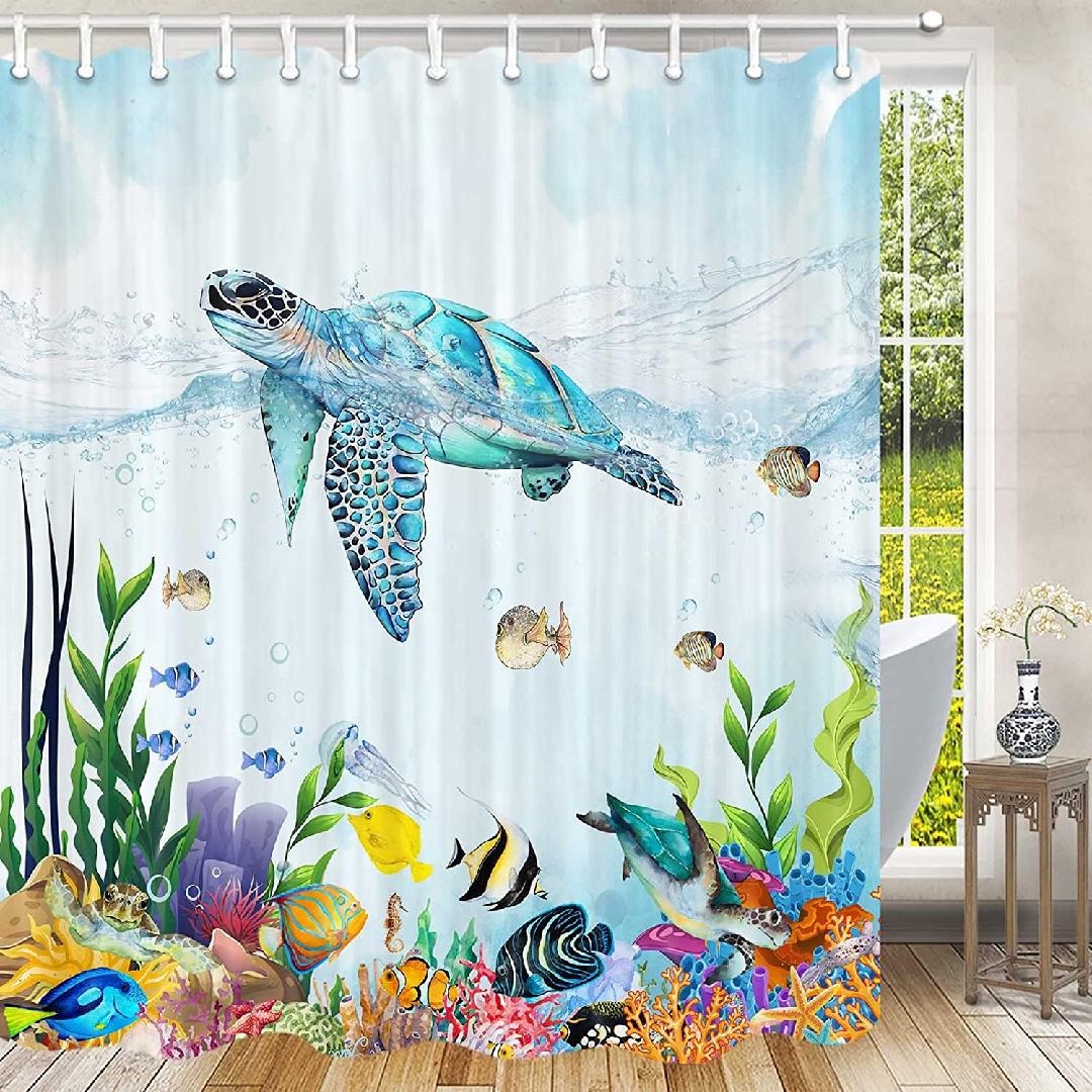 Sea Turtle Shower Curtain, Blue Ocean Animal Turtle Shower Curtain