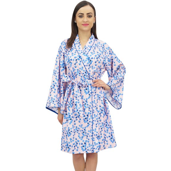 Bimba Women's Leaf Printed Blue Cotton Poplin Bridesmaid Kimono Robe Coverup - 4