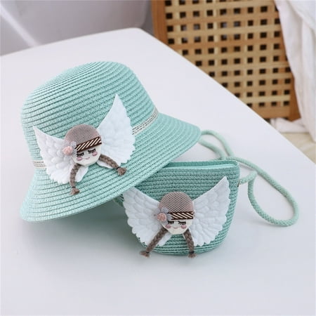 

Hunpta Hats For Kids Children Girls Angel Cartoon Sunshade Hat Straw Beach Sun Hat + Straw Bag
