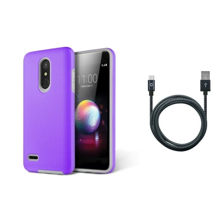 Premier Motor - Anti-Slip Textured Grip Impact Resistant Case (Purple) with Heavy Duty Braided USB-A to Micro USB Cable (5 Feet / 1.5 Meters) and Atom Cloth for LG Premier Pro 4G LTE L413DL