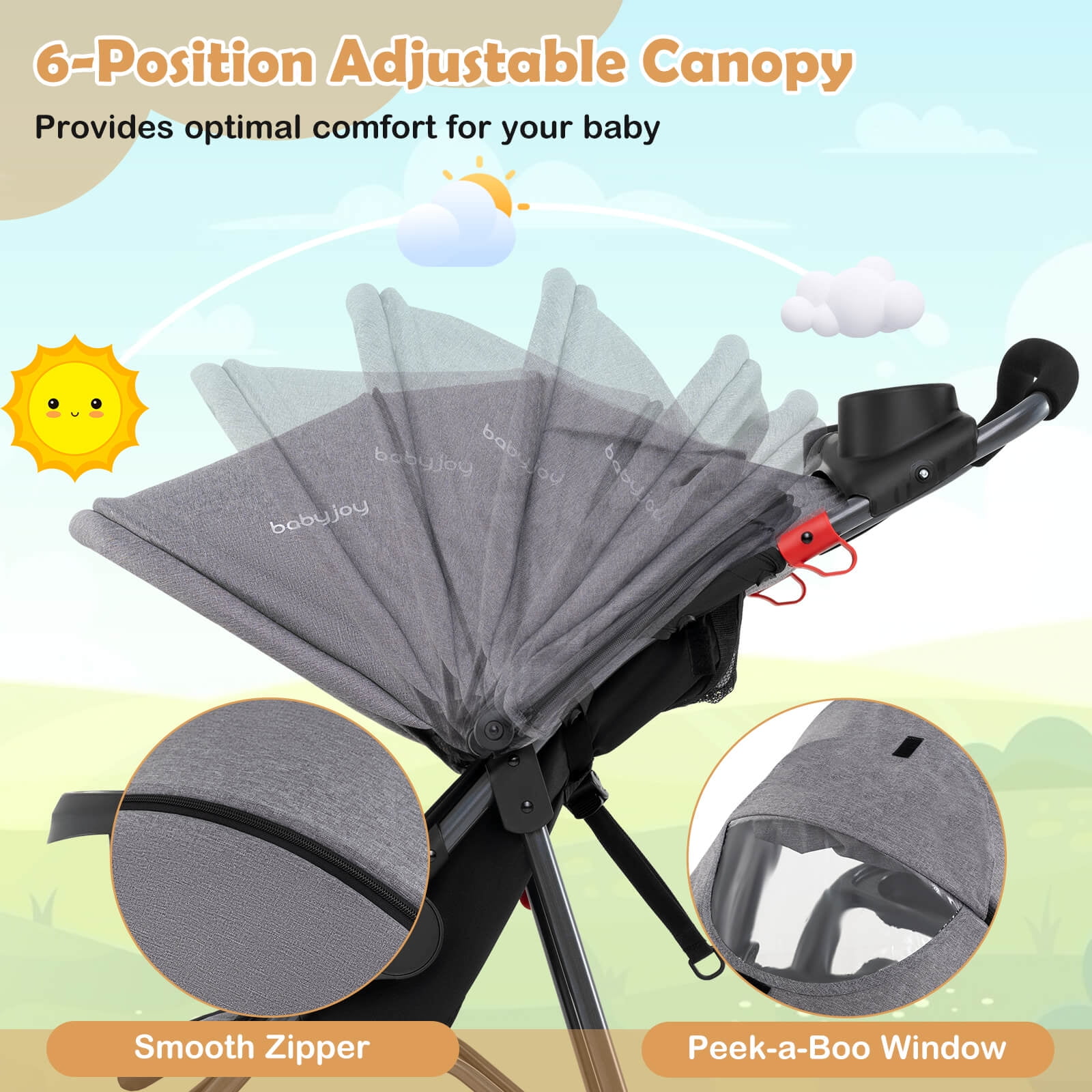 Babyjoy Jogging Stroller Foldable Jogger with Adjustable Canopy Detachable Tray Cup Holders Gray