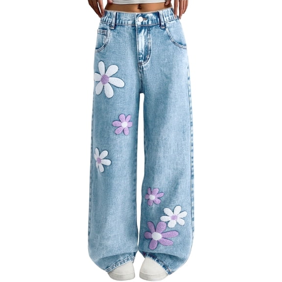 XIMIN Flower Jeans for Girls Baggy Trendy Straight Wide Leg Y2k Denim Pants Teen Cute Embroidered High Waist Casual Trousers with Pocket (Sky Blue, 9-10 Years)
