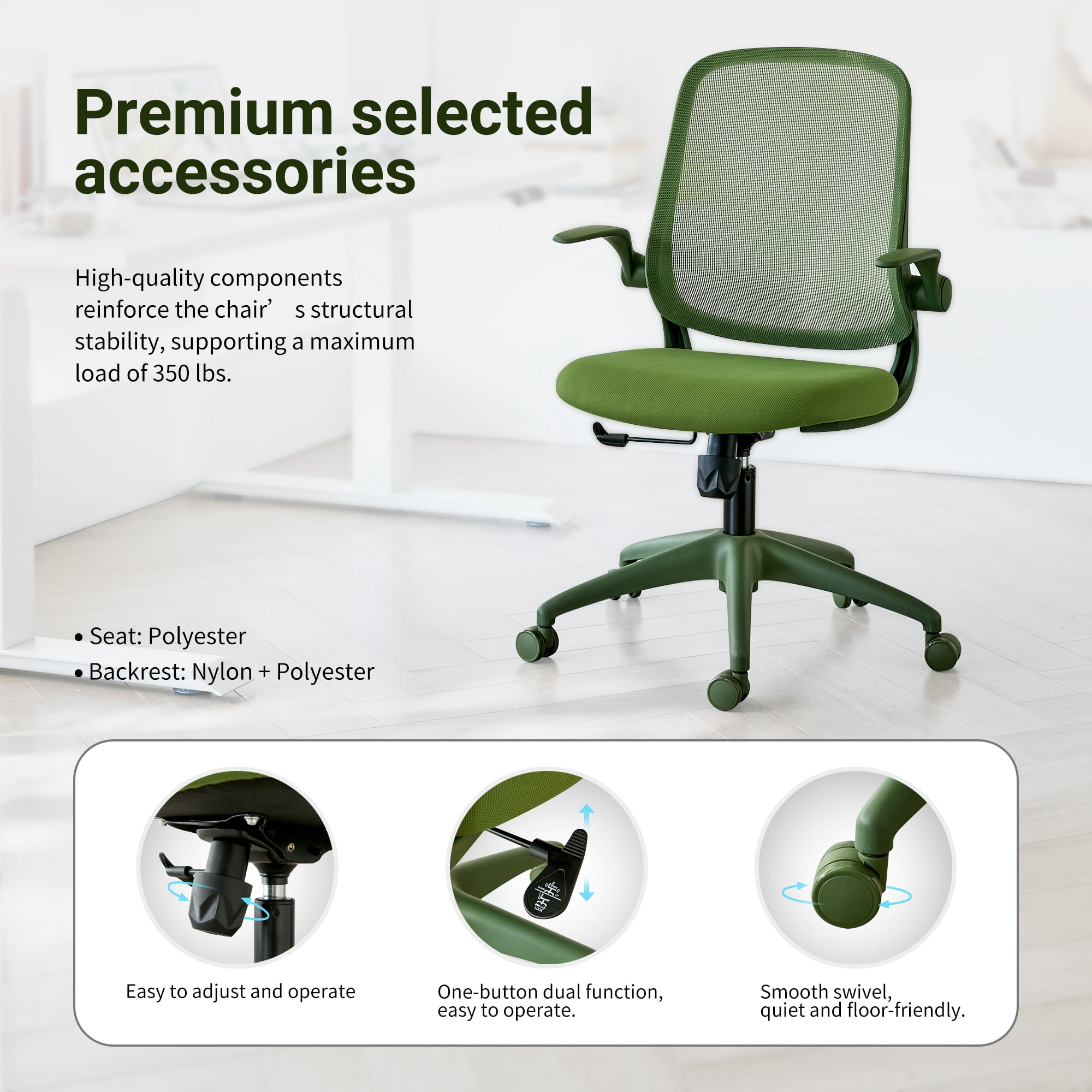 HOQBN Ergonomic Office Chair with Flip-Up Armrests, Breathable Mesh Back, Integrated Molded Foam Seat, 350lb Capacity,Green