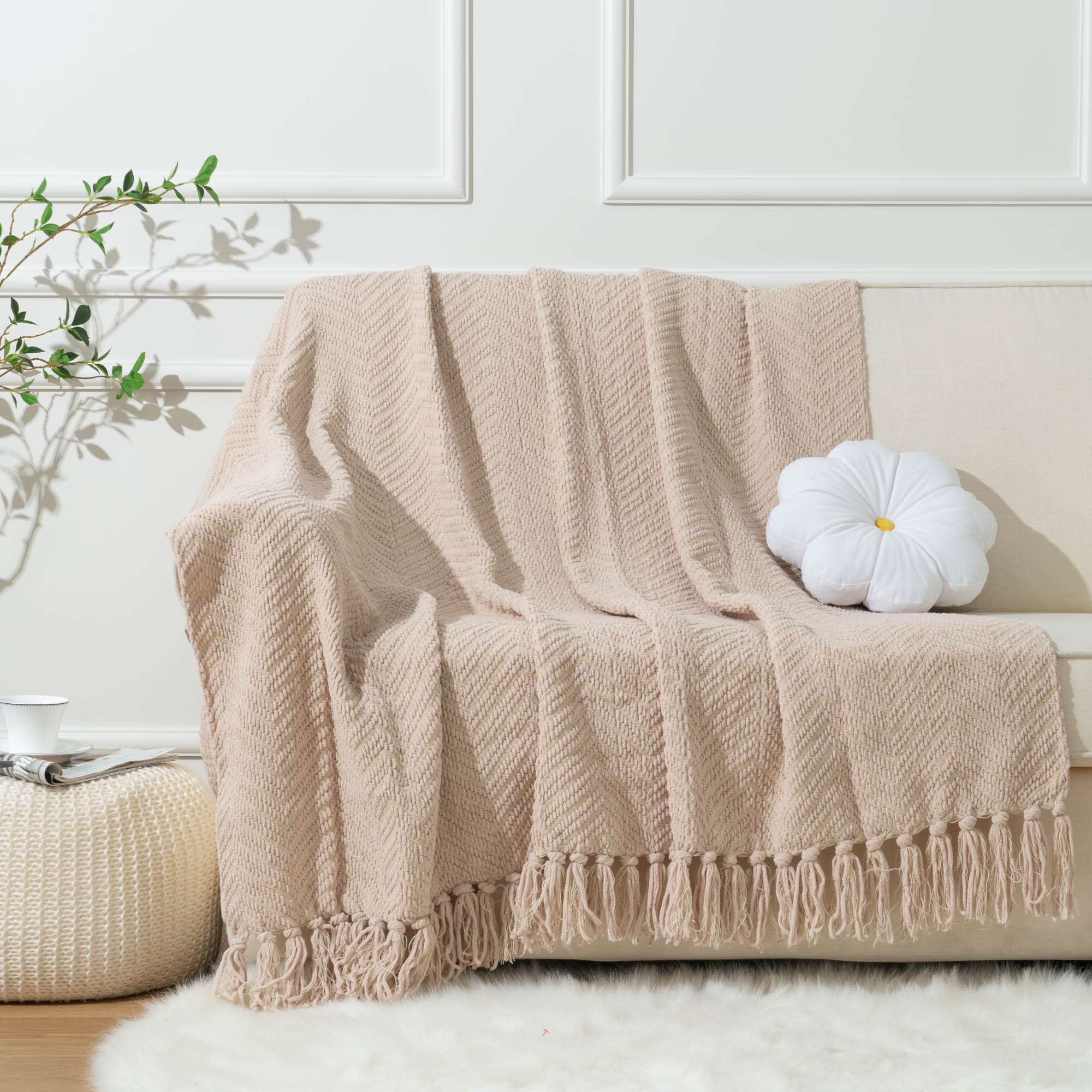 Batilo Beige Throw Blankets,Herringbone Knitted Throw,Neutral Blankets ...