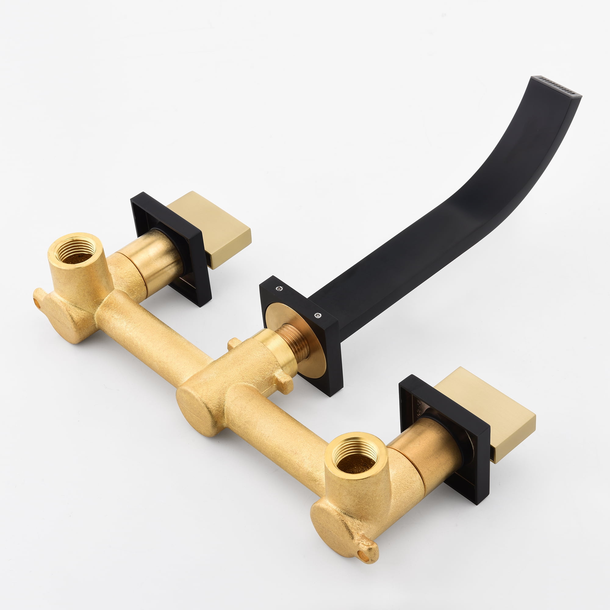 SUMERAIN Wall Mounted Faucet for Bathroom Sink Black and Gold Finish, Lavatory Basin Faucet with Two Handles and Rough in Valve