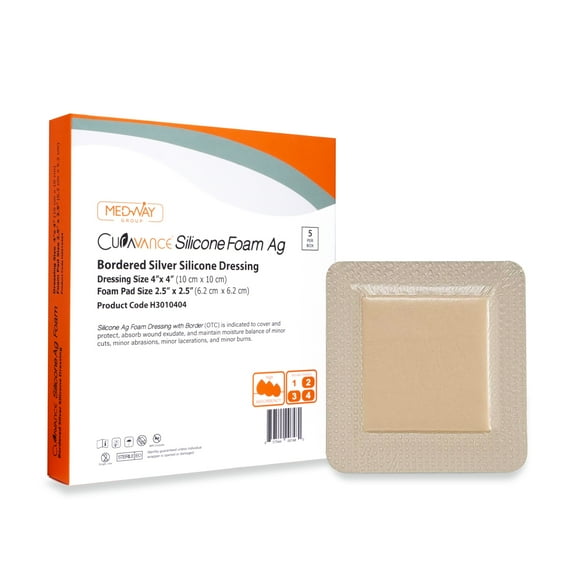 Bordered Silver Silicone Ag Sterile Absorbent Antibacterial Dressing, 4"x 4" 2.5"x 2.5" Pad, 5 dressings/Box, MedHeal by MedvanceTM