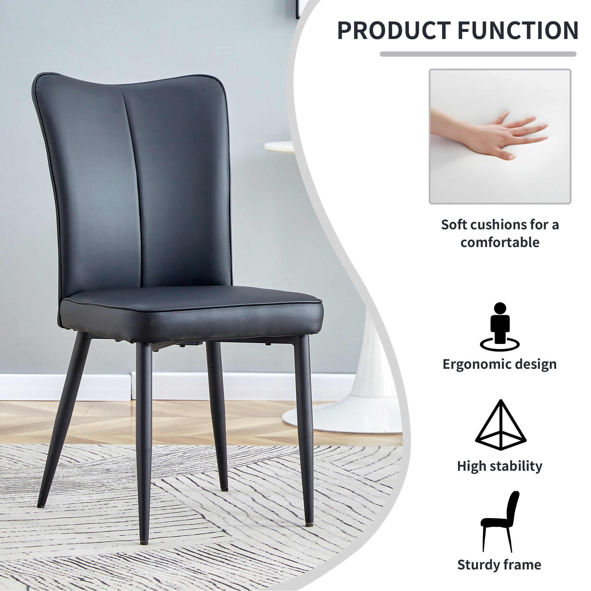AENKYO Dining Room Chairs Set of 2, PU Leather Upholstered Kitchen Table Chairs with High Back and Metal Legs, Black