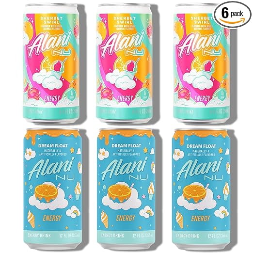 New Alani Mini Energy Drinks Sherbet Swirl, Dream Float Variety Pack, Sugar Free, Low Calorie, 100 mg Caffine, Energy Boost Drinks 8.4oz Cans (6 pack)