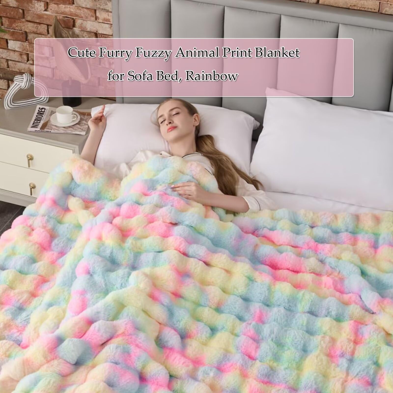 760GSM Faux Rabbit Faux Fur Throw Blanket,Super Thick Warm Bubble Blanket Throw,Fuzzy Luxury Plush Decorative Blanket for Couch Bed Sofa(Rainbow,80" x 90")