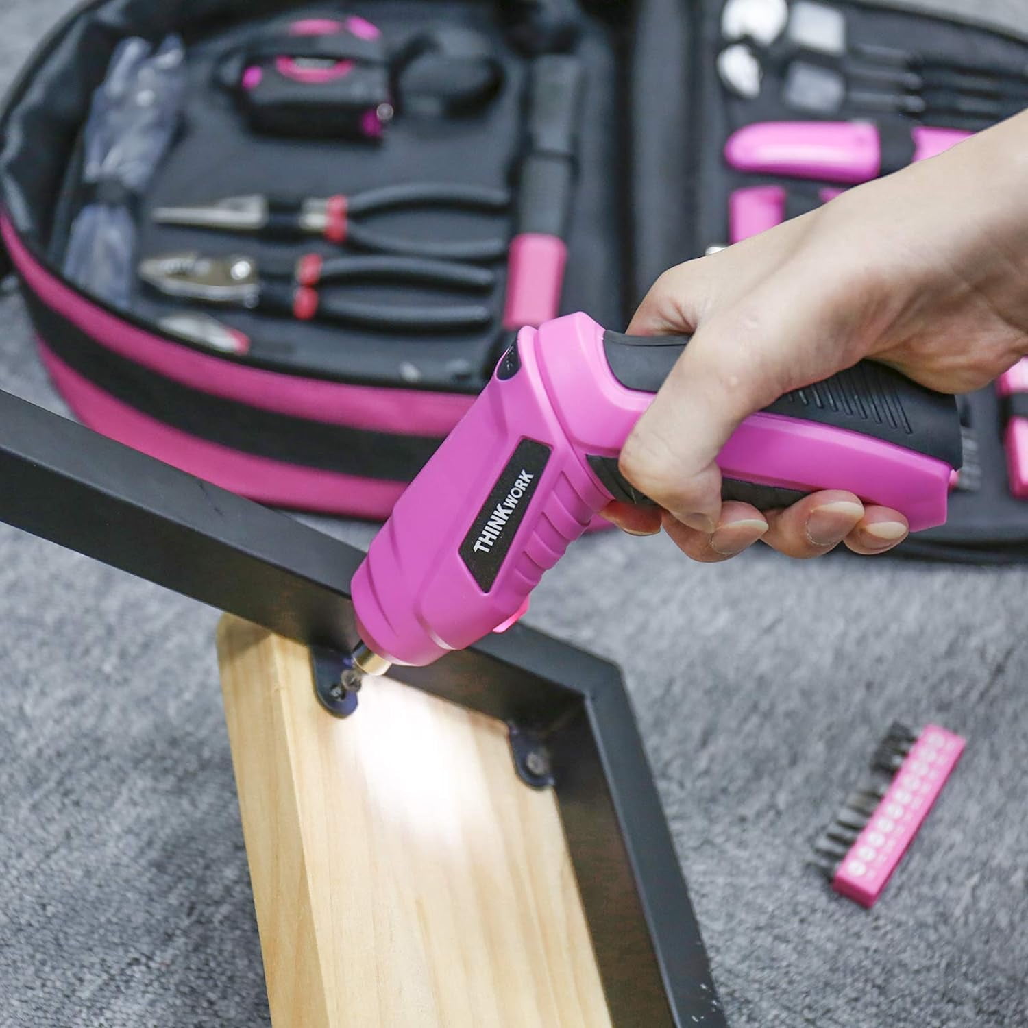 THINKWORK 122-Piece Pink Tool Kit with 3.6V Rotatable Electric Screwdriver-Ladies Home Work Kit