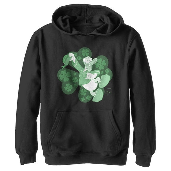 Boy's Mickey & Friends Donald Duck Clover Luck Dance  Pull Over Hoodie Black X Large
