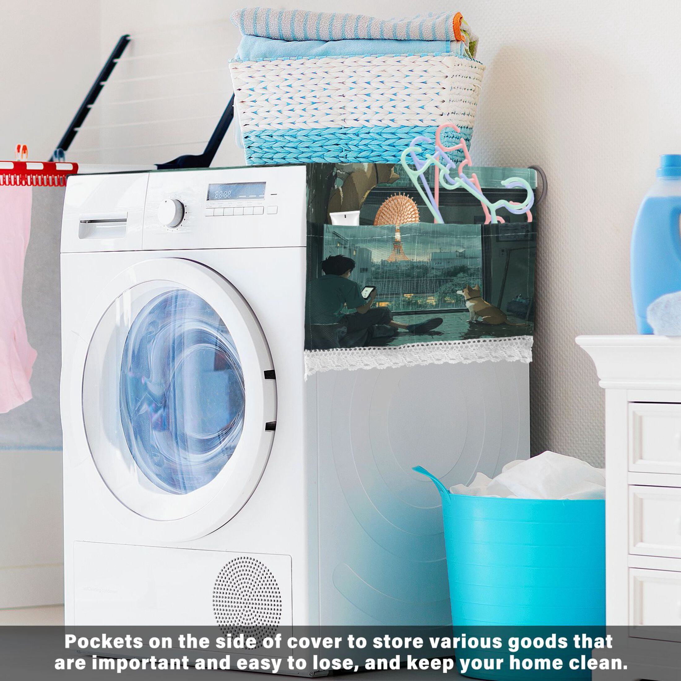 Rainy Scene Outside The WindowWasher and Dryer Covers Dust-Proof and Oil Resistant Fridge Cover with 4 Storage Pockets Washing Machine Top Cover for Laundry Kitchen Home 51.2 x 22 In