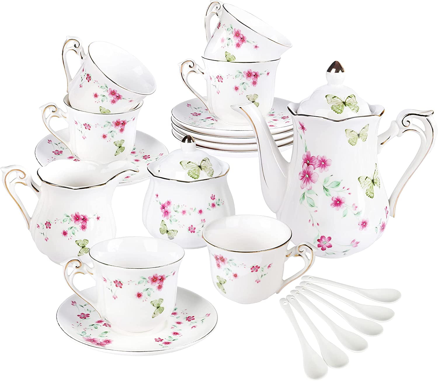 21 Piece Porcelain Tea Set for Adults, Coffee Service for 6, White Tea
