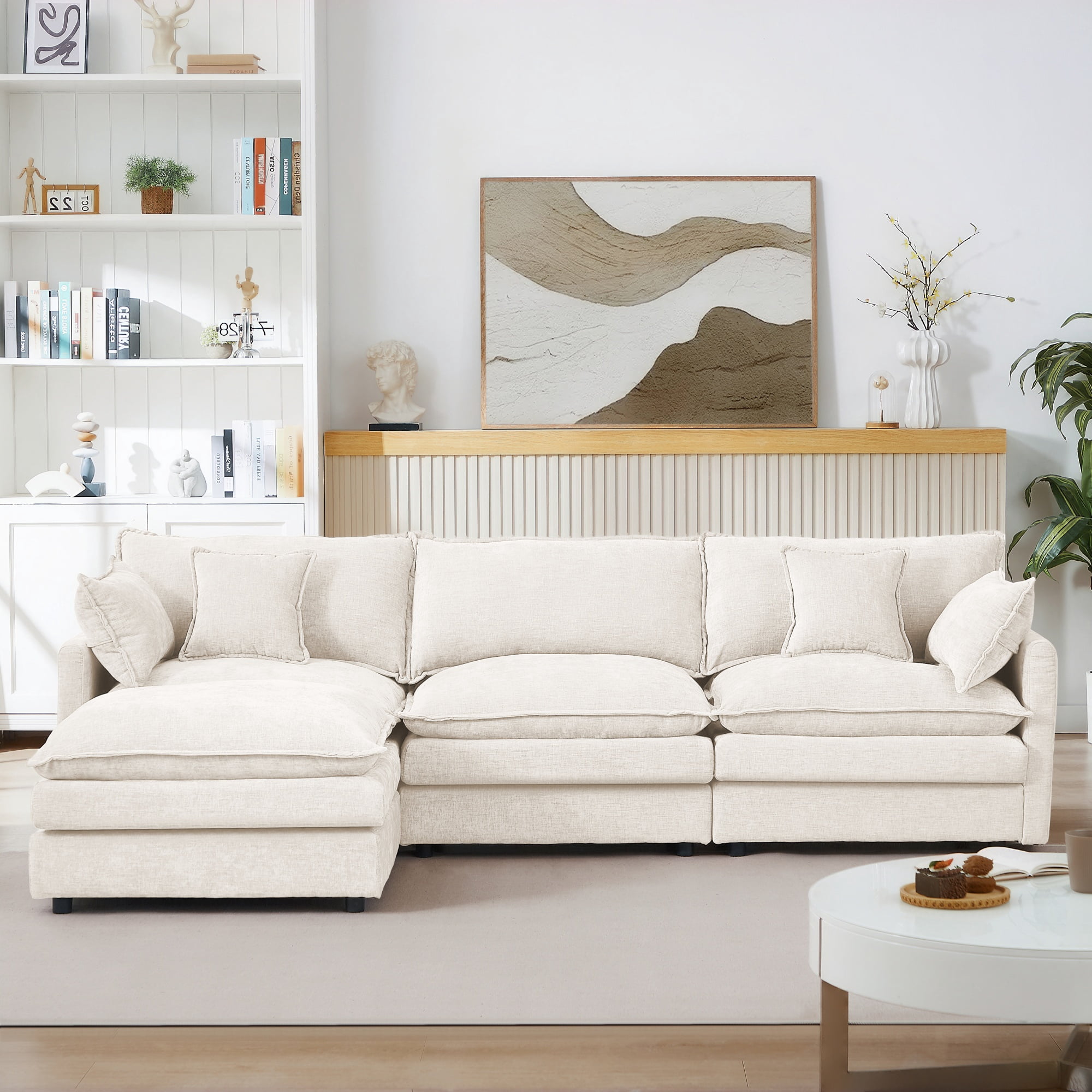 BINBANK Sectional Modular Sofa L Shaped Chenille Fabric Couch with High Supportive & Soft Sponges and Removable Ottoman, Sleeper Comfy Upholstered Furniture for Living Room,3-Seater,Beige