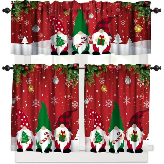 Christmas 3 Piece Kitchen Curtains Set,Xmas Gnomes Snowflake Print Window Treatment Tiers Red Rod Pocket Valance Sets for Small Windows Bedroom Living Room 54 x 24 Inch