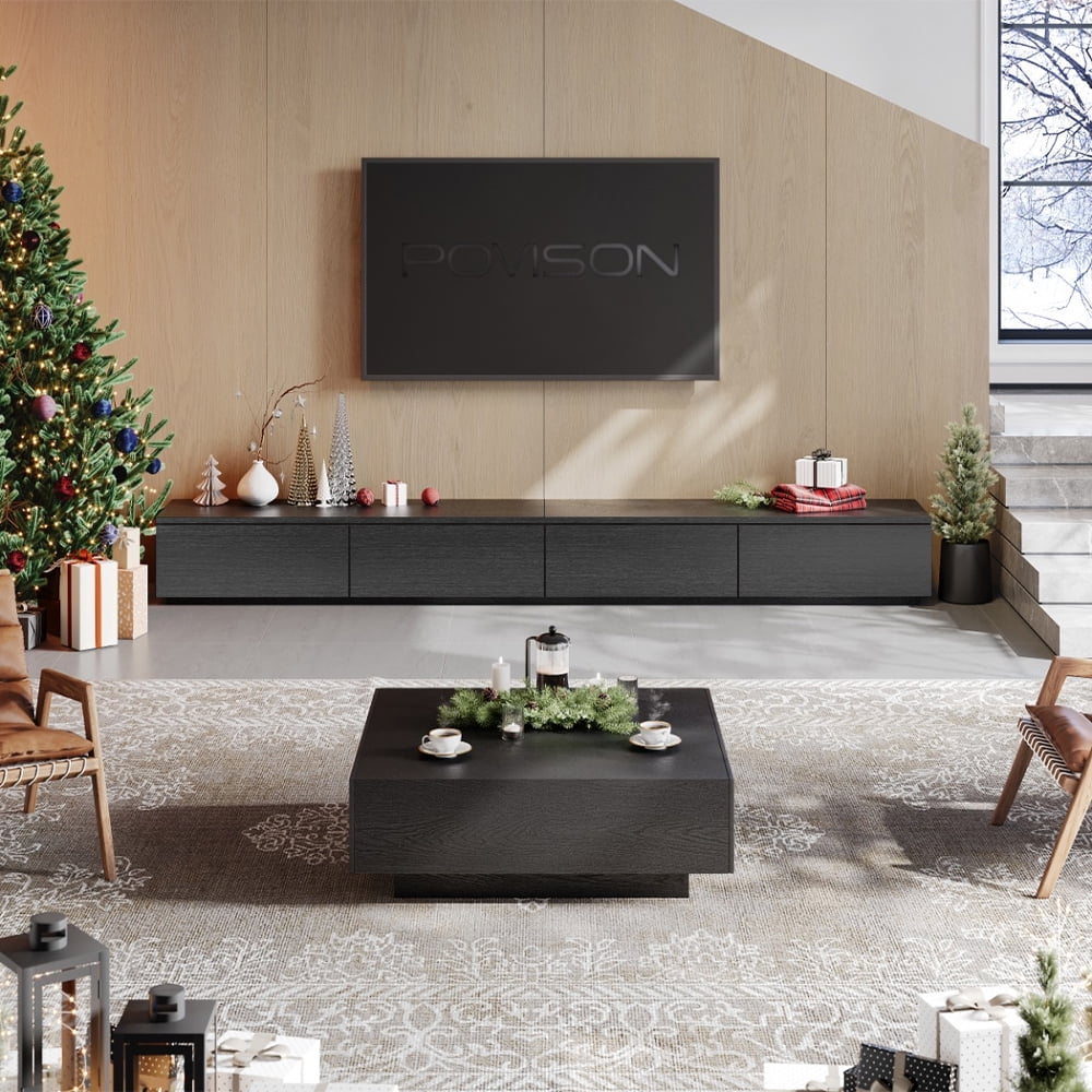 POVISON Modern Black TV Stand, Minimalist Long Media Console for up to 100 Inch TV with 4 Drawers, Sub-package, 118"