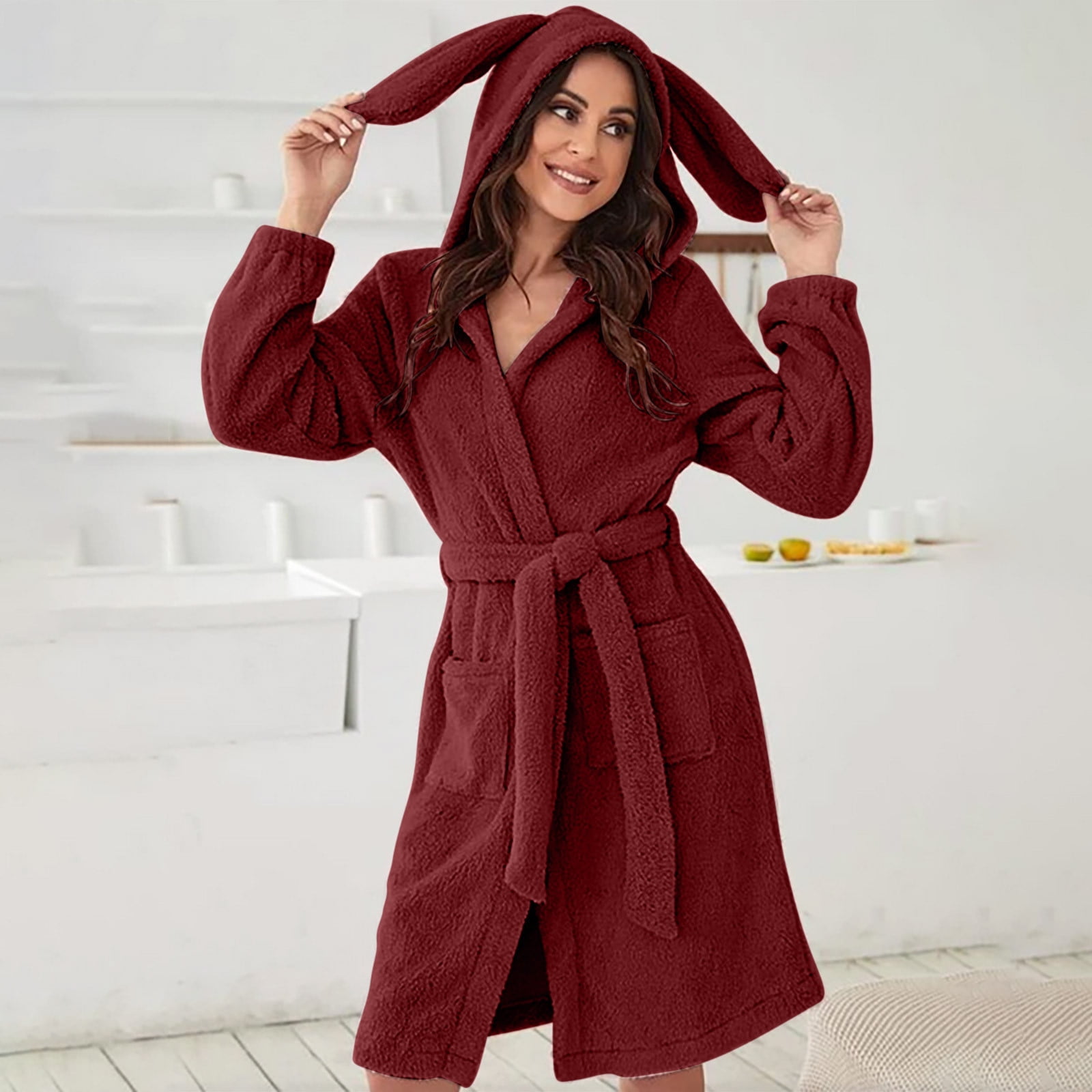 Penkiiy Fleece Hooded Robe Bathrobe Women Rabbit Ears Soft Solid Color Long Sleeve V Neck Winter Sashes Pokets Fleece Faux Velvet Sleepwear Dress