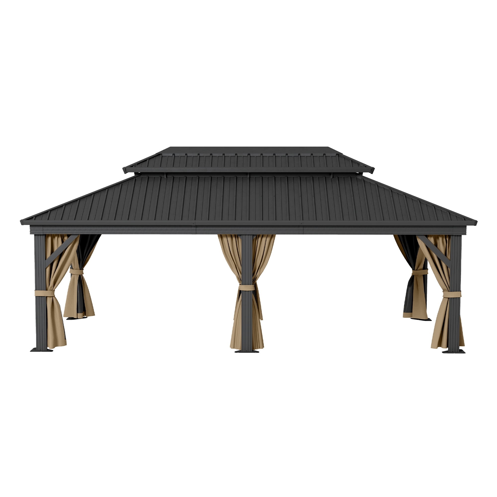 ModFusion 12 ×18 FT Gazebo Double Roof Hardtop Canopy Heavy-Duty Outdoor Pavilion with Nettings & Curtains in Brown