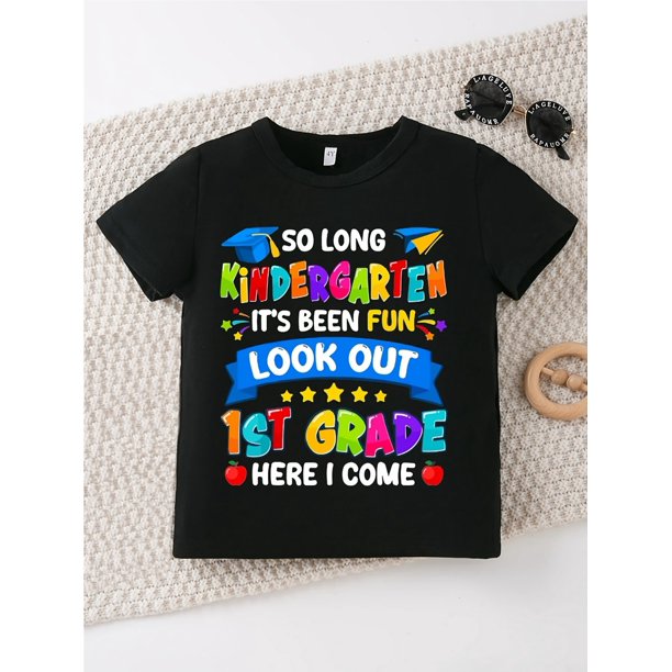 Boys' Kindergarten & 1st Grade Graduation T-Shirt - Colorful Letter Print with Stars & Confetti Design, Soft Round Neck Short Sleeve Top for Spring/Summer, Machine Washable, Preschool Graduat