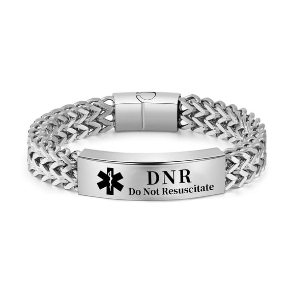 Vagzen Stainless steel Medical Alert ID Bracelet for Men, Engraved DNR(Do Not Resuscitate), Silver