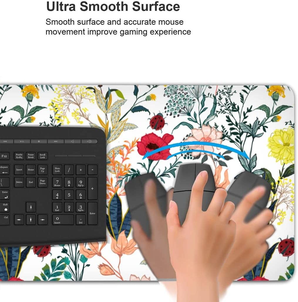 Flower Gaming Mouse Pad Abstract Classical Desk Mat 35.4x15.7 Inch Floral Texture Non-Slip Rubber Base Weeds Mousepad Stitched Edges Keyboard Mouse Mat Desk Pad for Office Home Game