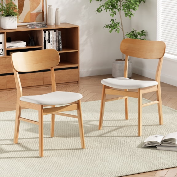 Set of 2 Dining Chairs, Fabric Cushioned Seat & Solid Rubberwood Legs - Light Beige