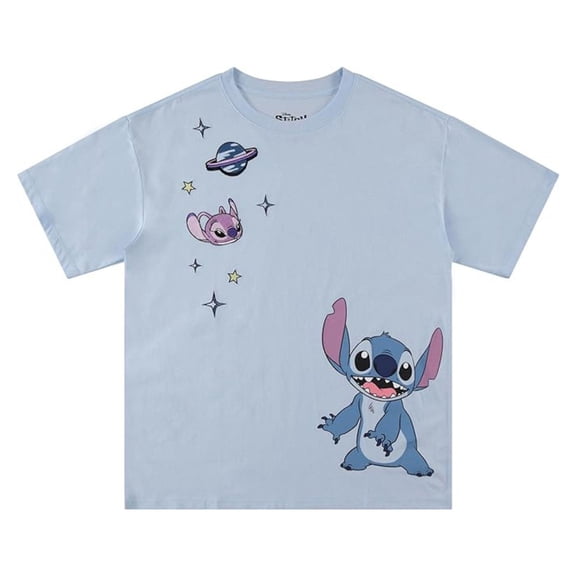 Disney Women Lilo and Stitch Shirt, Graphic Print Cartoon Stitch T-shirt Light Blue - M