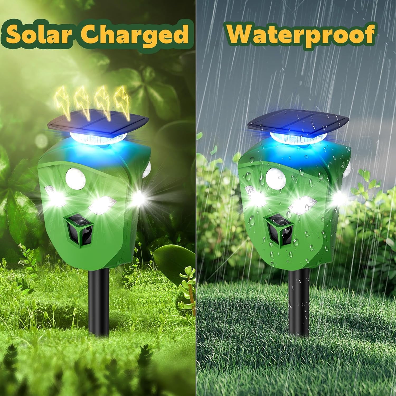 Ultrasonic Solar Powered Deer Repellent Device with PIR Motion Sensor and Strobe Lights 360° Cat Repellent Outdoor Equipped with Dual Charging Methods Outdoor Protection for Gardens, Yards, and Farms