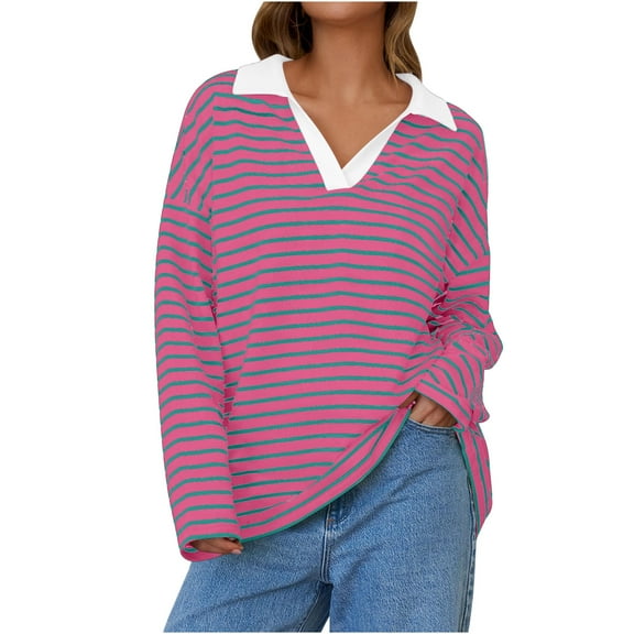 Axiiglly Long Sleeve Shirts for Women Trendy Striped Shirt Loose Crewneck Pullover Tunic Tops Casual Patchwork Soft Lightweight Sweatshirt