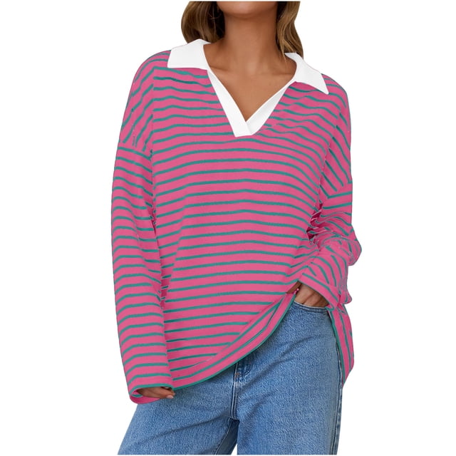 Chandails à Col Roulé pour Femmes Chandail en Molleton Surdimensionné Rayé Automne Chandails en Molleton Col en V Manches Longues Chemise Décontractée Chandail Ample S-25 Rose Vif-A TG