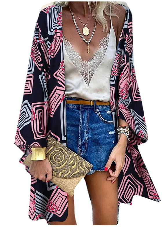 JustVH Women Plus Size Boho Print Long Sleeve Blouse Cover Up Summer Casual Kimono Cardigan Tops