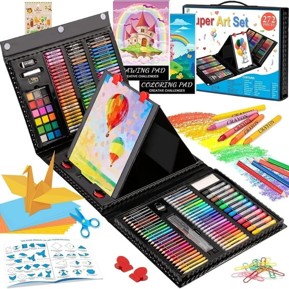 Art Supplies, 272 Pack Art Set Drawing Kit Artist, Deluxe Gift Art Box with Trifold Easel (Black)