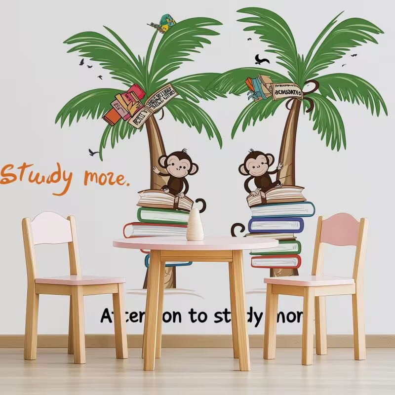 Large Palm Tree Wall Decals Monkey and coconut tree flower stickers Monkey Coconut tree wall stickers Tropical Plant Wall Art Stickers for Living Room Bedroom Nursery Wall Decor