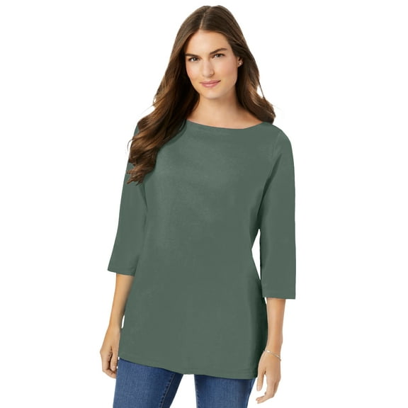 Woman Within Plus Size Perfect Three-Quarter Sleeve Boatneck Tee