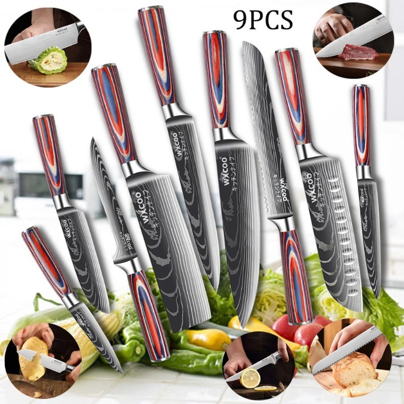 9PCS Professional Stainless Steel Multipurpose Knife Boning Knife Chef Knife Cooking Knife Utility Knife Sharp Sashimi Knife Pizza Small Knives Cutting Knife Fruit Knife Beef Knife Bread Knife