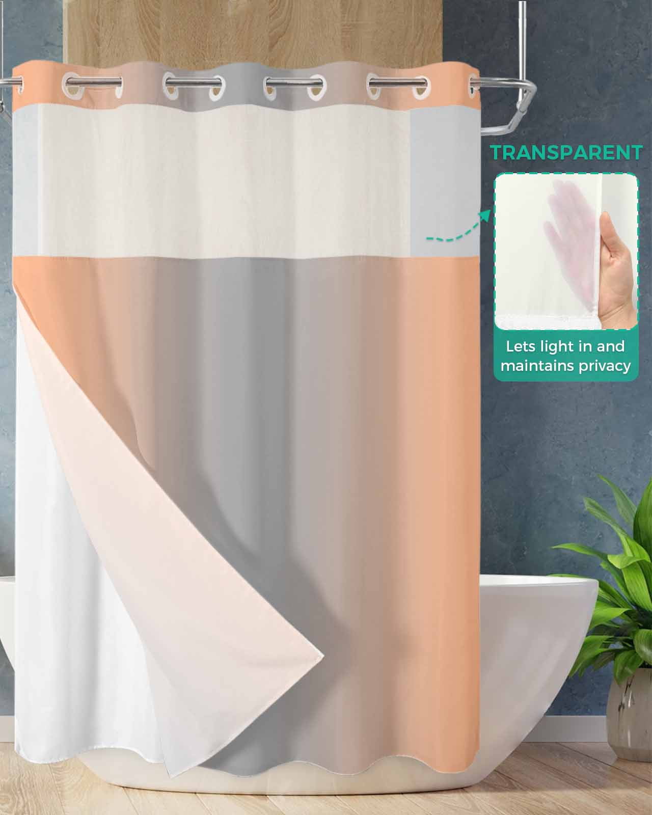 No Hook Shower Curtain with Snap in Liner, Ombre Abstract Gradient Coral Pink and Gray Hotel Shower Curtains for Bathroom, Washable Shower Curtain Liner Set with Mesh Top Window, 72"x72"