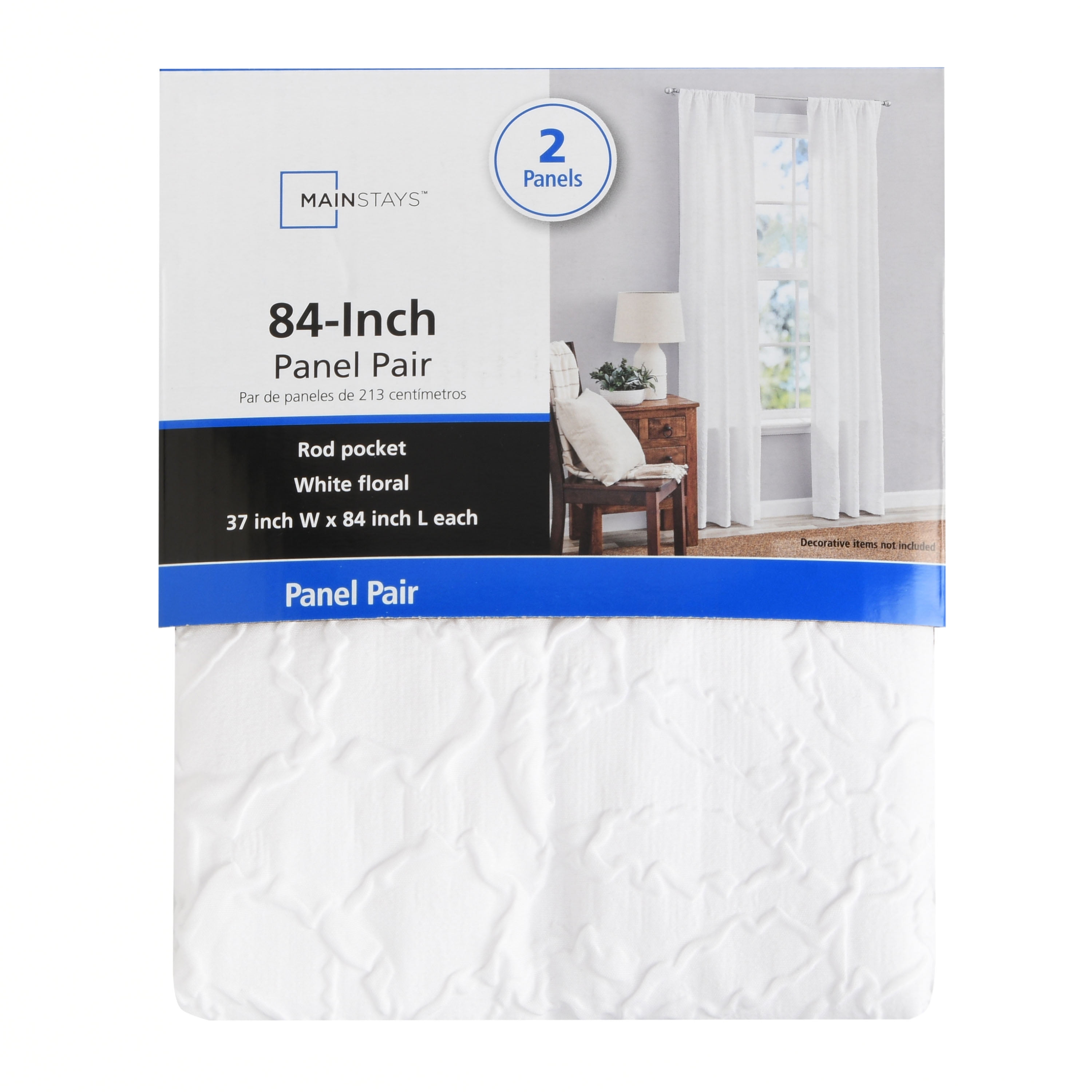 Mainstays Microsculpt Floral Rod Pocket Curtain Panels, Set of 2, White, 37" W x 84" L
