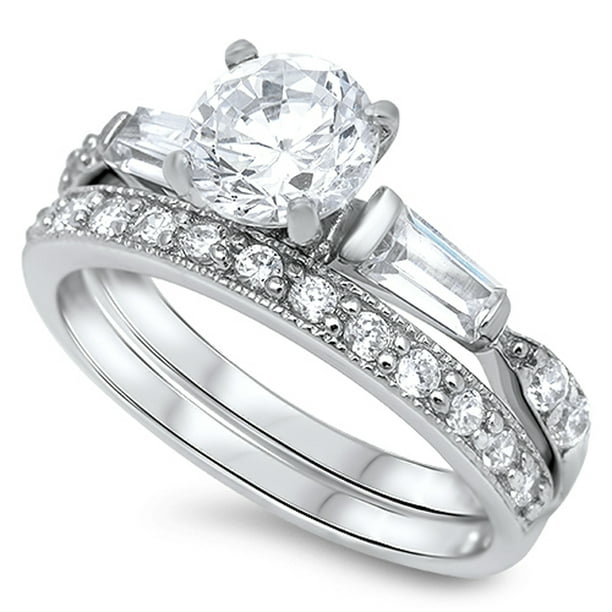 Sac Silver - Clear CZ Solitaire Engagement Ring Set .925 Sterling ...