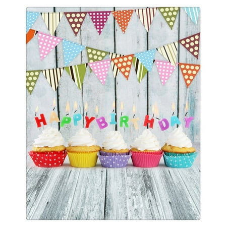 GreenDecor Polyester Fabric Off White Wood Photography Background Backdrop 5x7ft Colorful Dots Flags Sweet Cup Cakes Happy Birthday for
