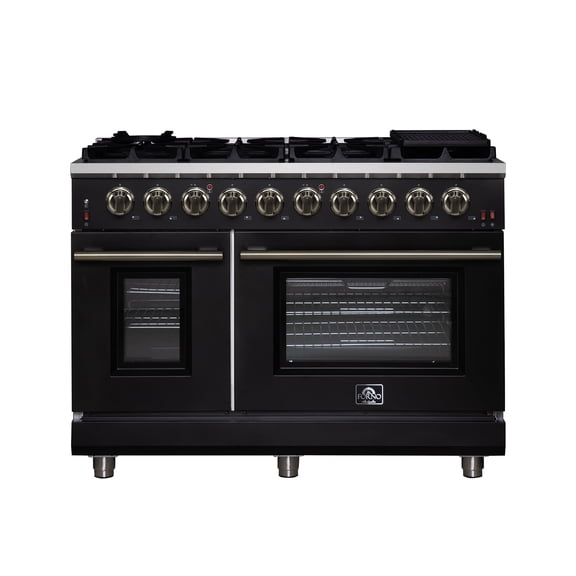 Forno Massimo 48-Inch Black Freestanding Gas Range, 8 Burners, True Convection Oven