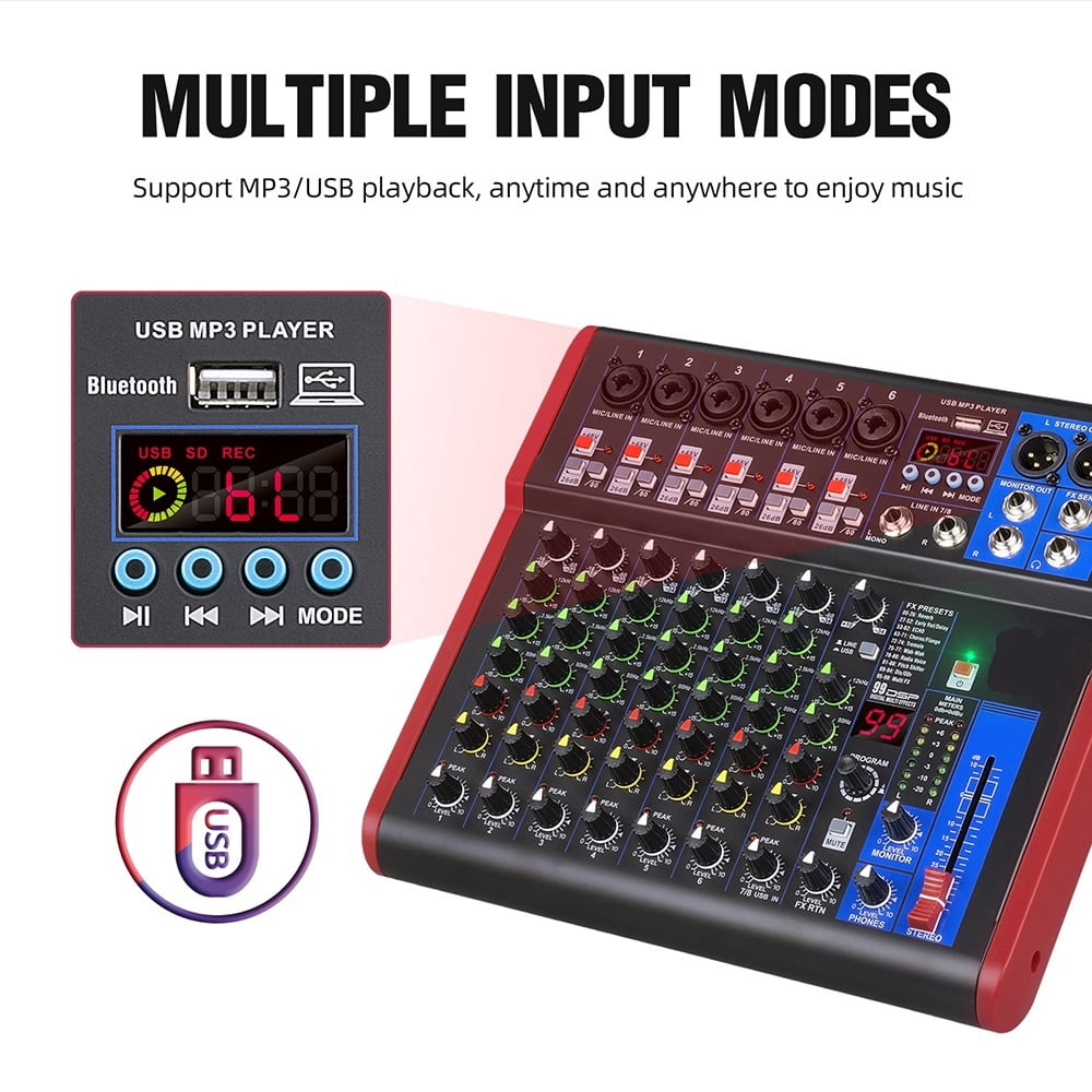 Professional Mixer, DJ Mixer with Bluetooth 5.0 99 DSP Digital Effects for Studios, Bars