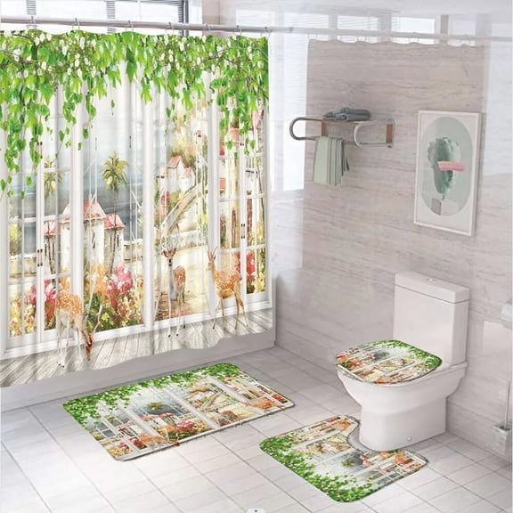 Deer Bird Flowers Shower Curtain Set Bathroom Decor Animal Green Bamboo Forest Fabric Screen Non Slip Rug Bath Mats Toilet Cover