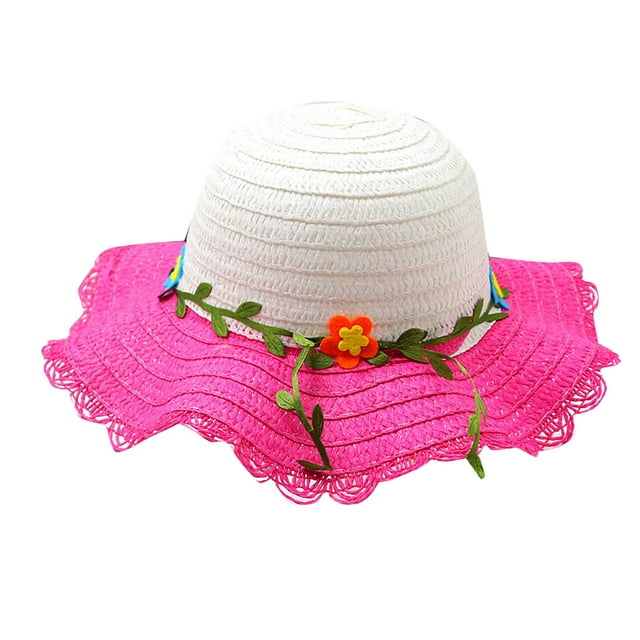 Girls Summer Straw Hat Wide Brim Straw Sun Cap UV Protection Cute Lace Design Beach Hat Hot Pink Free Size