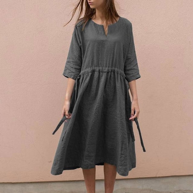 SMihono Robe d'Été Grande Taille pour Femmes 2023 Robe d'Été Ample Coton Chanvre Col en V Manches Trois Quarts Robe à Cordon Jupe