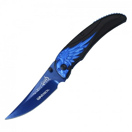 Spring-Assisted Folding Pocket Knife | Wartech Black Blue Blade Skull Wing (Best Knife For Motorcycle Riders)