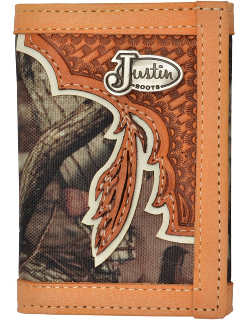 Justin Western Wallet Mens Trifold Leather Feather Tan Camo WJB129