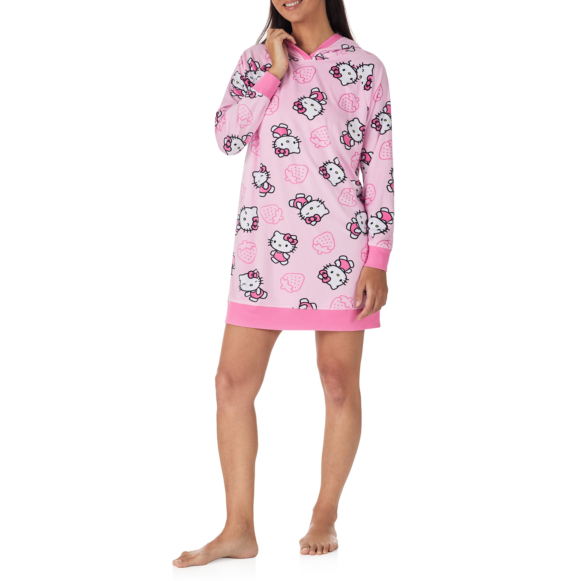 Richard Leeds International Womens Hello Kitty Hooded Pajama Lounger Sleep & Lounge Dress - Super Soft Plushy Cozy & Warm Hoodie Loungewear Pajamas Dresses for Women, Pink Large