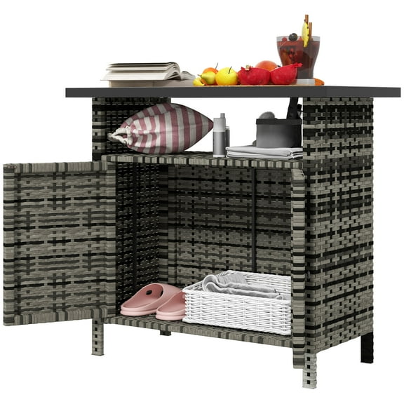 Homiyad Wicker Outdoor Storage Cabinet with Two Doors and Shelf for Outdoor Pool Towel Storage, Mixed Gray