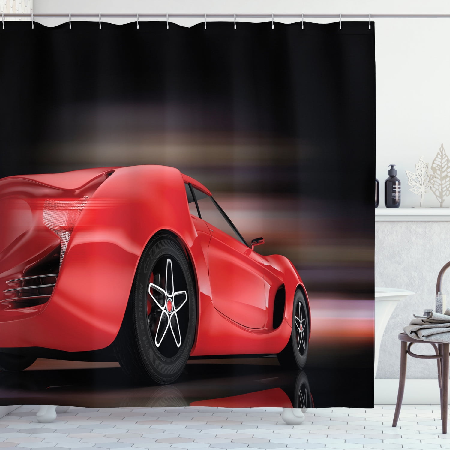 Cars Shower Curtain, Rear View of A Futuristic Sports Car Motion Power Transportation Vehicle
